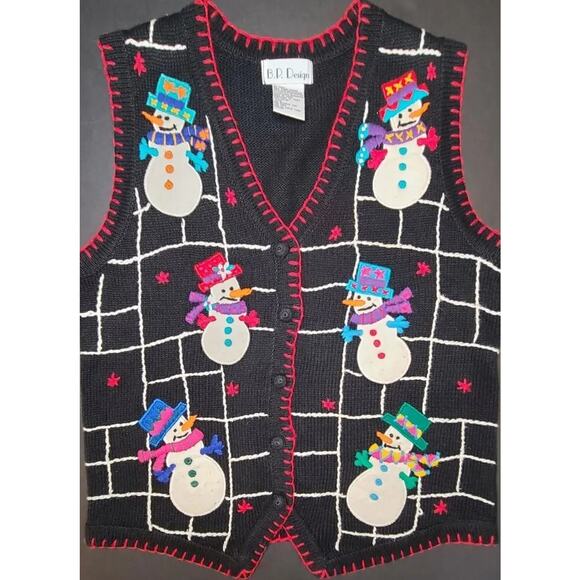 Christmas Winter Knit Sweater Vest Women’s Size 12/14 Snowmen Felt Embroidered - Picture 9 of 9